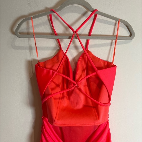 La Femme 29020 Plunging V-neck Ruched Prom Sheath Dress Neon Coral 0 - Picture 8 of 14